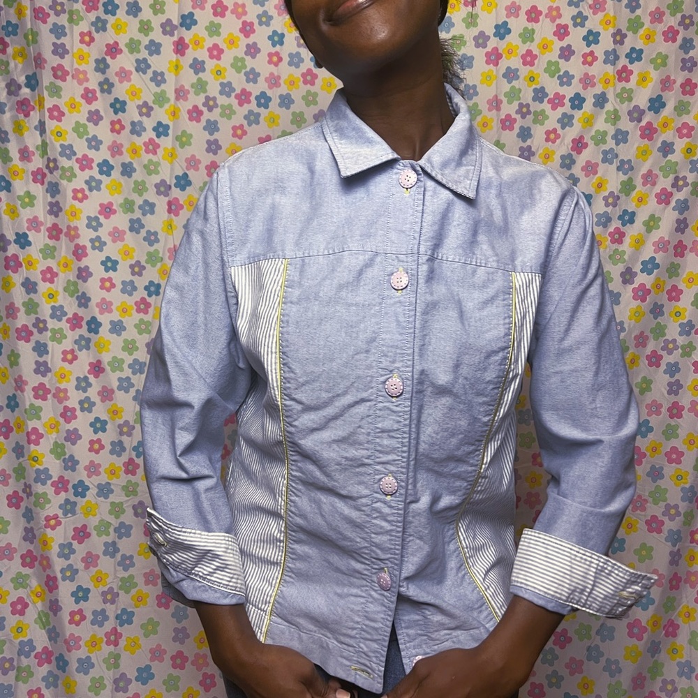 Blue and white striped button up. Yellow accent. Size medium.